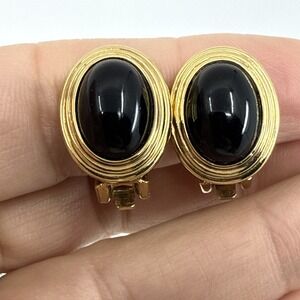 Vtg Christian Dior Gold Tone Black Glass Cabachon Clip On Earrings .75"